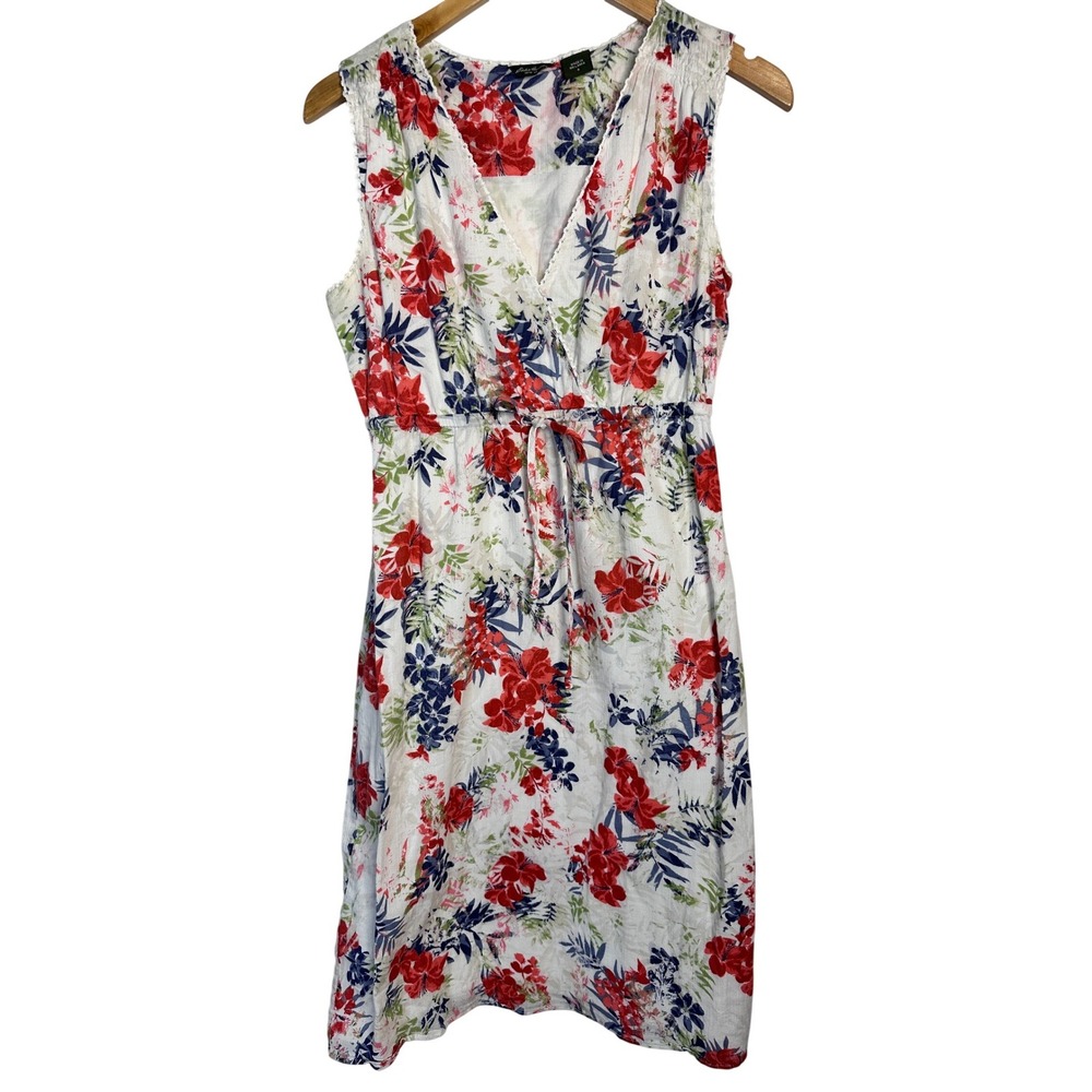 EDDIE BAUER Floral Cotton Sun Dress White Tropical Sleeveless V-Neck Size 4 Cute